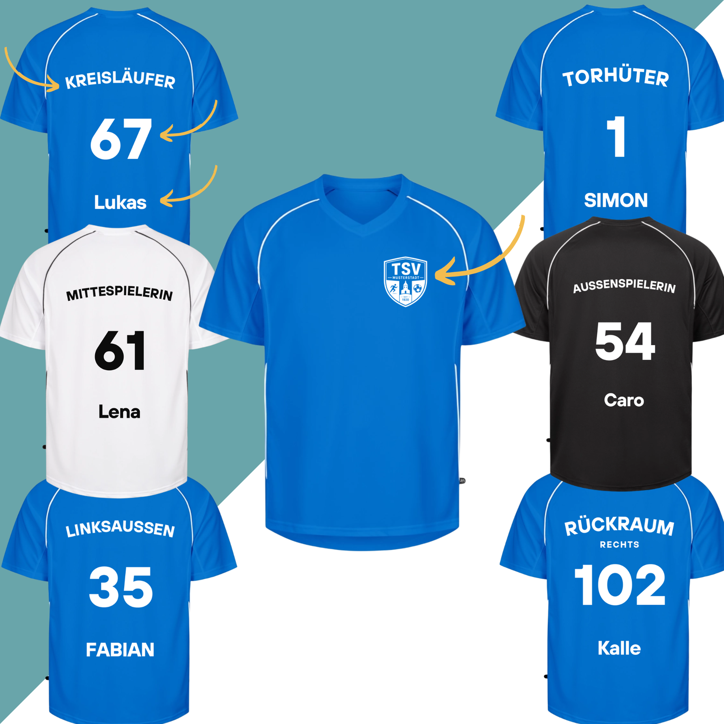 Team Trikots mit Position, Name/Vereinsname, Nummer und Logo (optional)