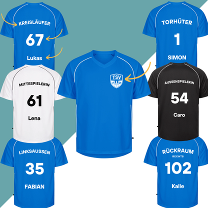 Team Trikots mit Position, Name/Vereinsname, Nummer und Logo (optional)