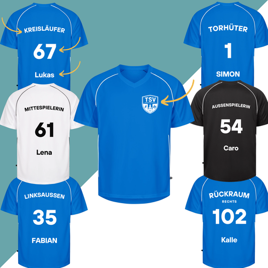Team Trikots mit Position, Name/Vereinsname, Nummer und Logo (optional)